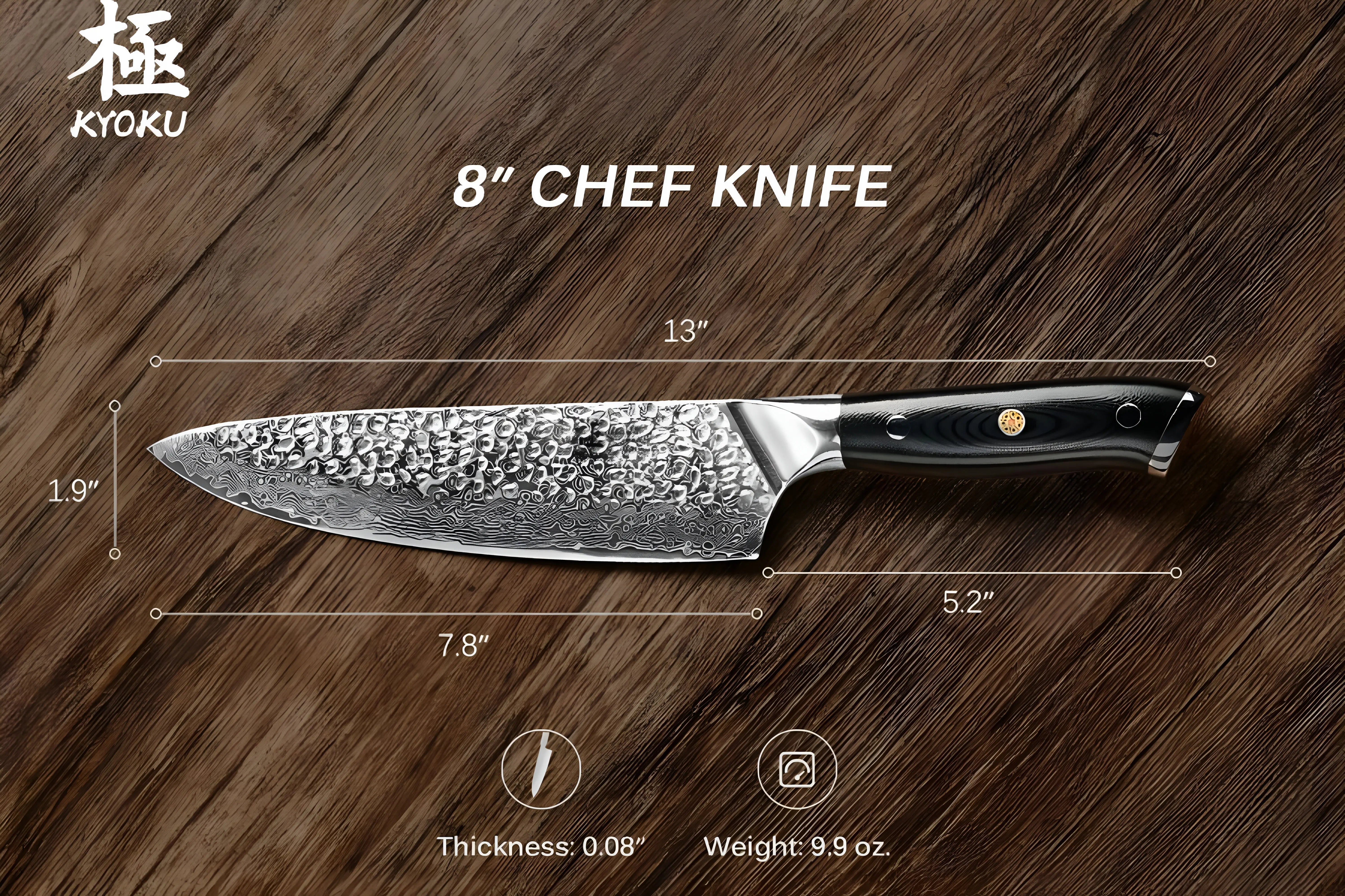 a photo of an 8-inch Chef knife, with labels showing its dimensions h