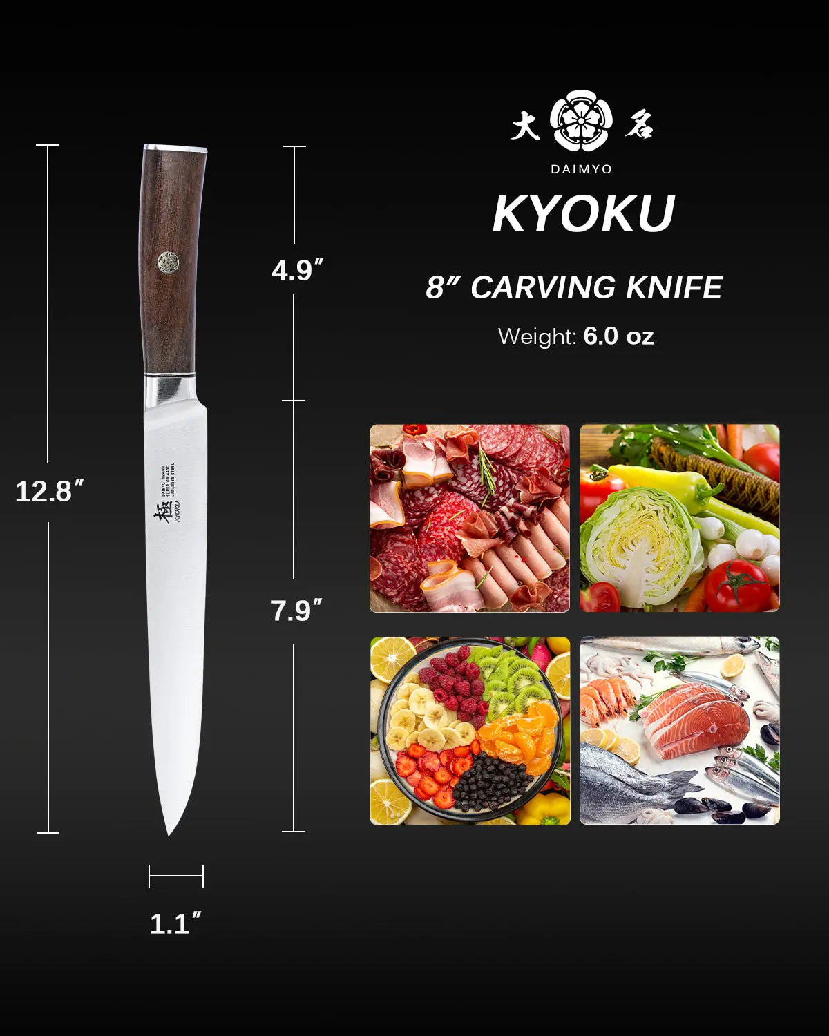 8" Carving Knife 440C Steel | Daimyo Series Kyoku Knives