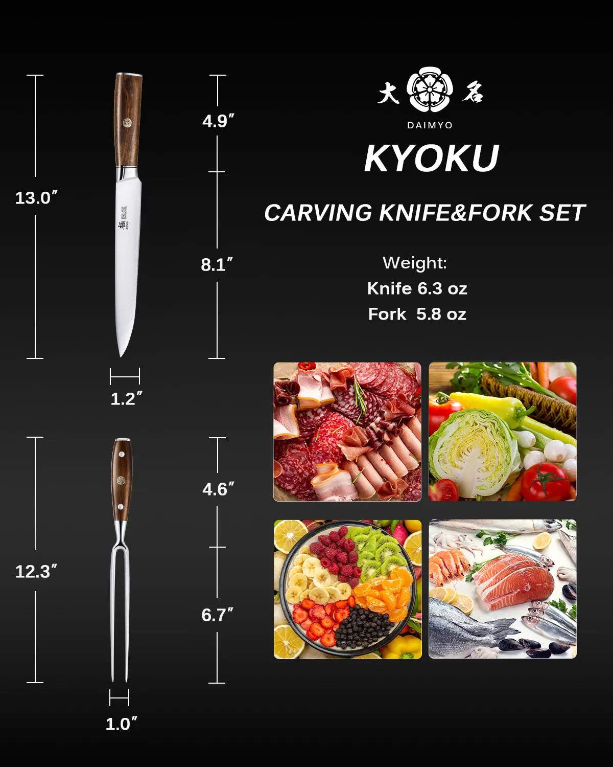 Carving Knives with Fork 440C Steel | Daimyo Series Kyoku Knives